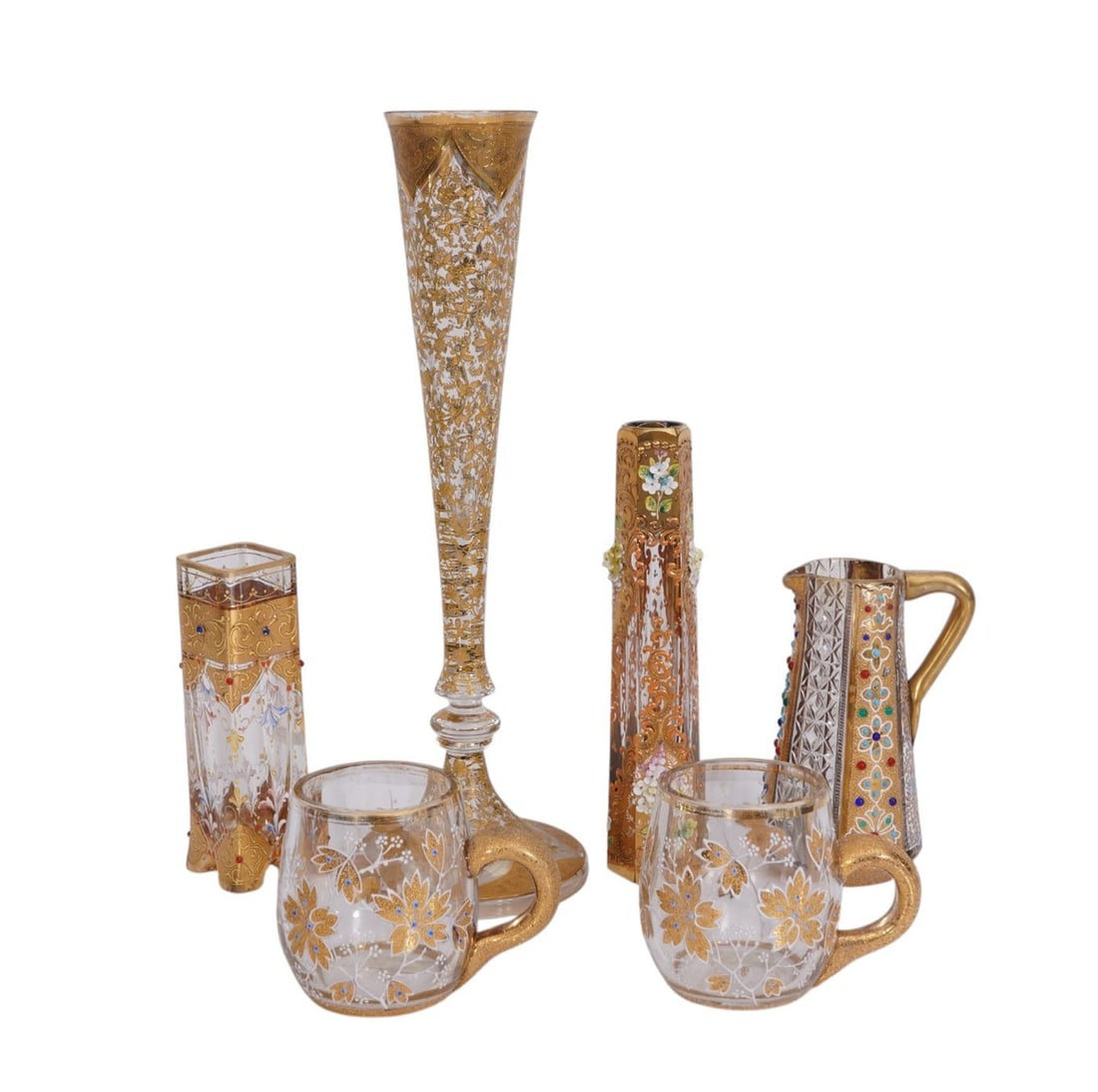6 Pcs. Assorted Moser Glass Tablewares with Gold Accents & Enamel, 3 Vases, Pitcher & 2 Punch Cups, (1 of 11)