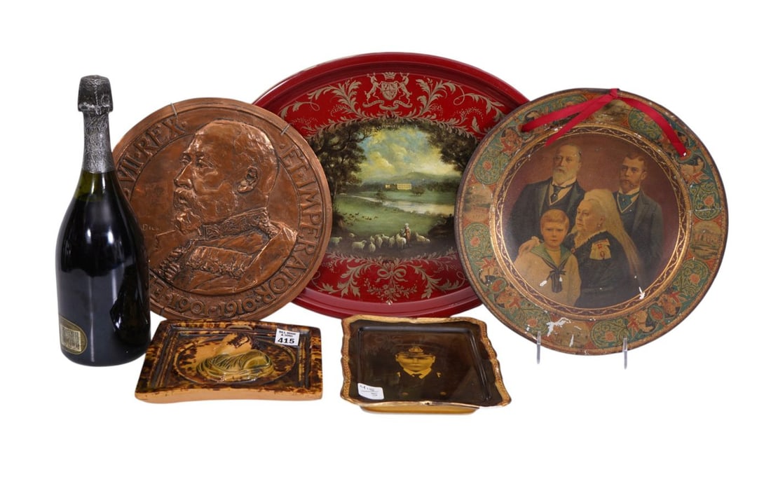 Monarchy Collectibles, Bronze Edward VII, Plaque in Relief, Pottery and Ceramic Plaques, Modern Tole: Monarchy Collectibles, Bronze Edward VII, Plaque in Relief, Pottery and Ceramic Plaques, Modern Tole Tray and Tin Plaque with 4 Generations of Royal Family, 17" x 12" Tallest