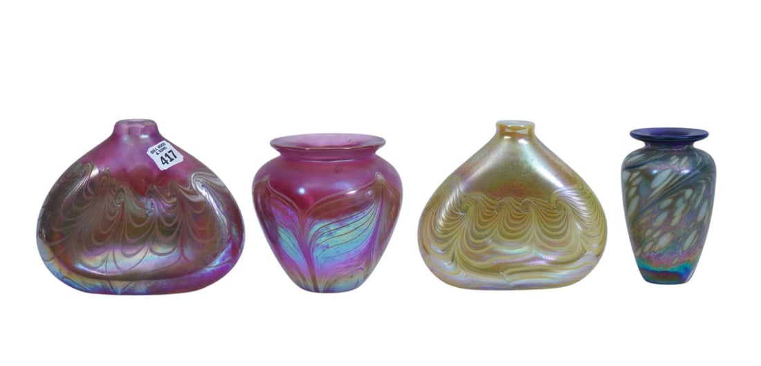 Group of 4 1980's Art Glass Vessels, "Brian Maytum Blue Glass Vase" AND 3 Fellerman Art Glass Vases,: Group of 4 1980's Art Glass Vessels, "Brian Maytum Blue Glass Vase" AND 3 Fellerman Art Glass Vases, Largest 6"H x 7"w x 3"d (3 Kiln Cracks at Base of Yellow Vase)