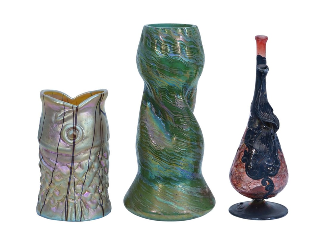 Group of 3 Iridescent Art Glass Vases, One Fish Form, Red Bud Vase with Silver Floral Overlay AND (1 of 11)