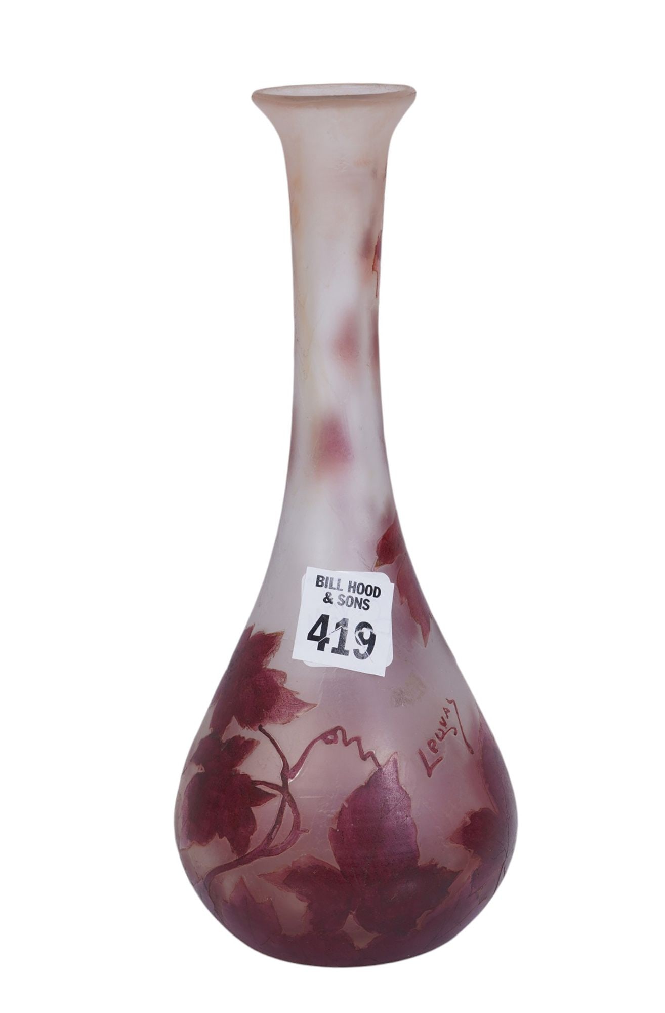 Vintage Legras Pink Art Glass Vase with Leaf & Vine Design, 9"H x 4"dia (1 of 9)