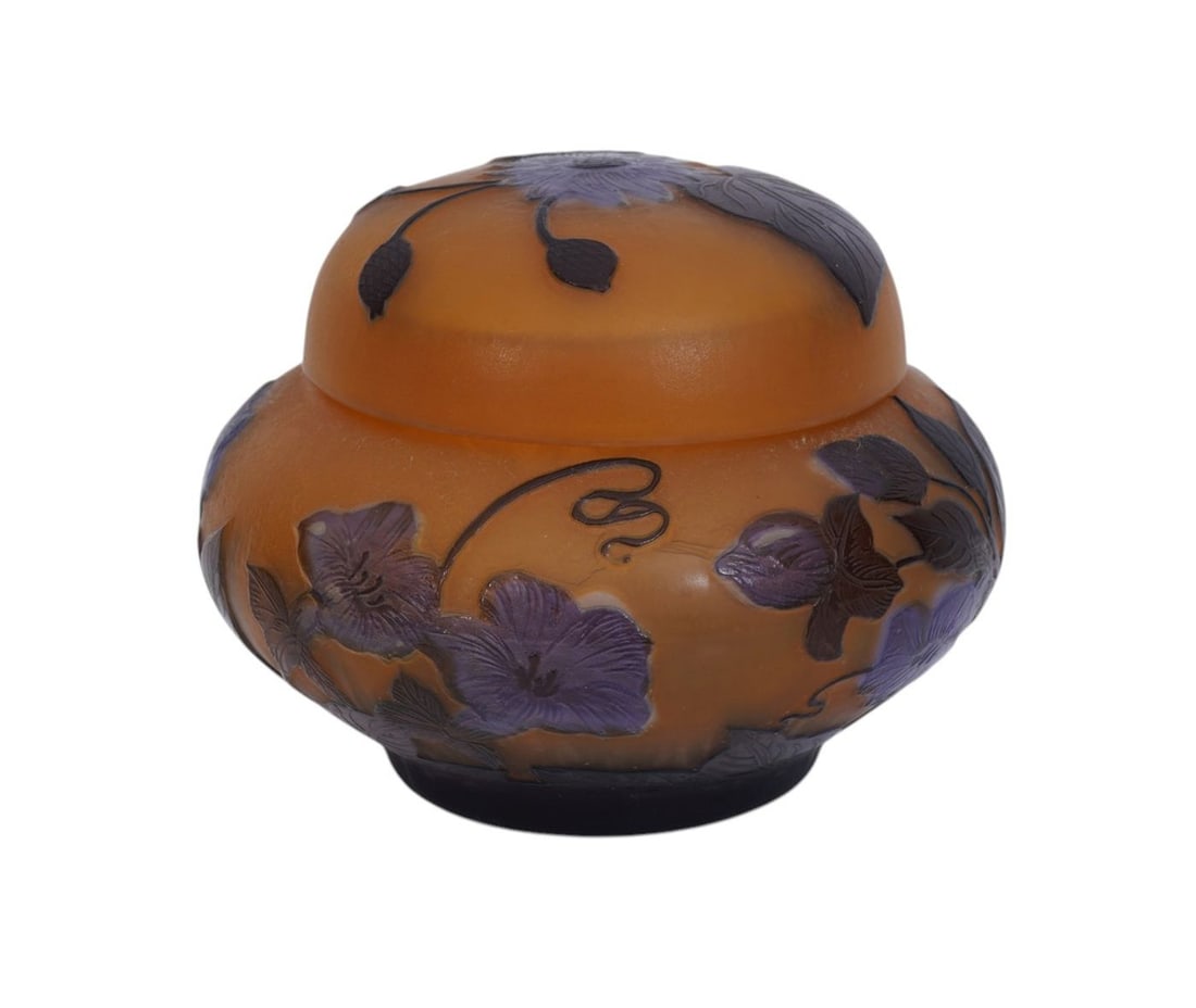 Vintage Galle Art Glass Covered Jar, Purple Floral Design on Orange Glass, 3 1/2"h x 4 3/4": Vintage Galle Art Glass Covered Jar, Purple Floral Design on Orange Glass, 3 1/2"h x 4 3/4"