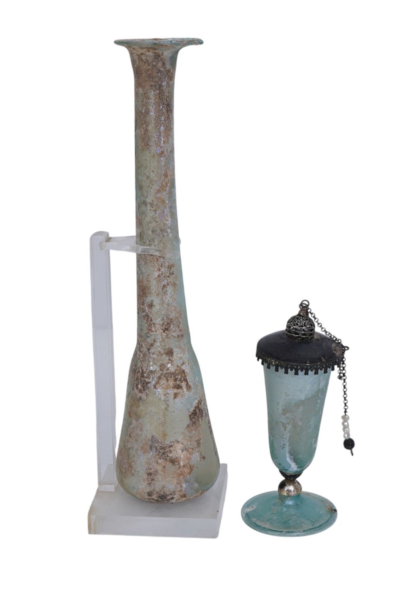 2 Possibly Ancient Roman Glass Pieces, Tallest 8 1/2"h x 2"dia (1 of 6)