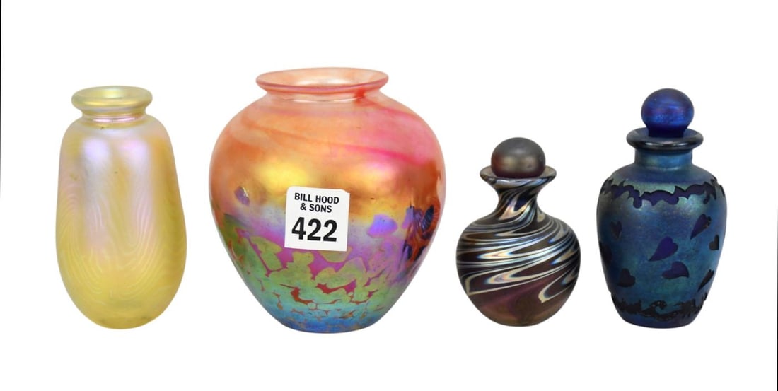 Group of 4 Art Glass Pcs, 2 Perfumes & 2 Small Vases, Small Yellow Vase Signed "Erkhart 1983", (1 of 8)