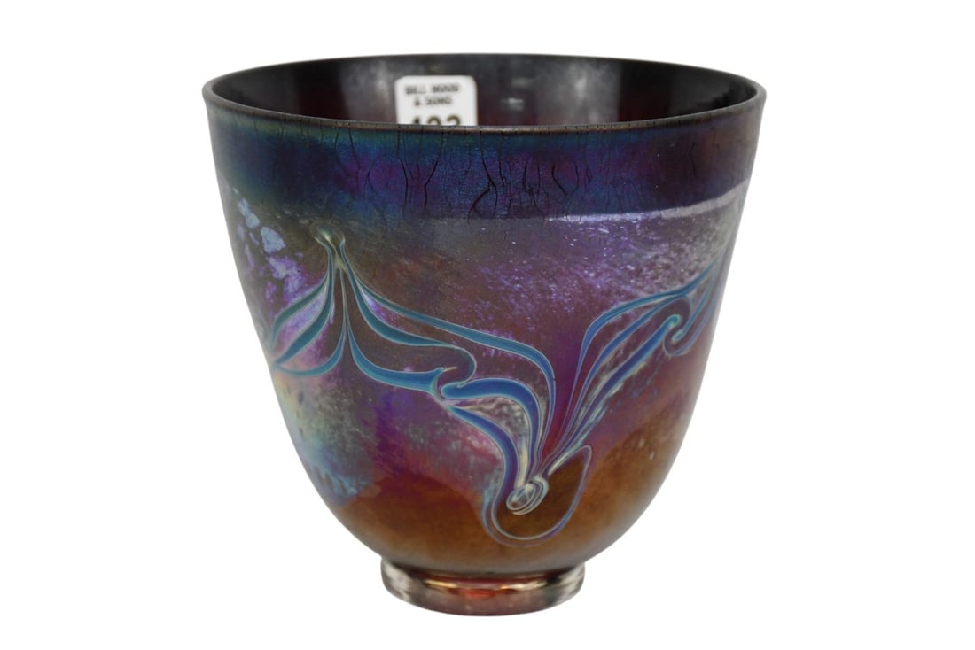 Peter Vanderlaan Signed, Iridescent Purple Art Glass Vase, 6"h x 6 1/2"dia (1 of 7)
