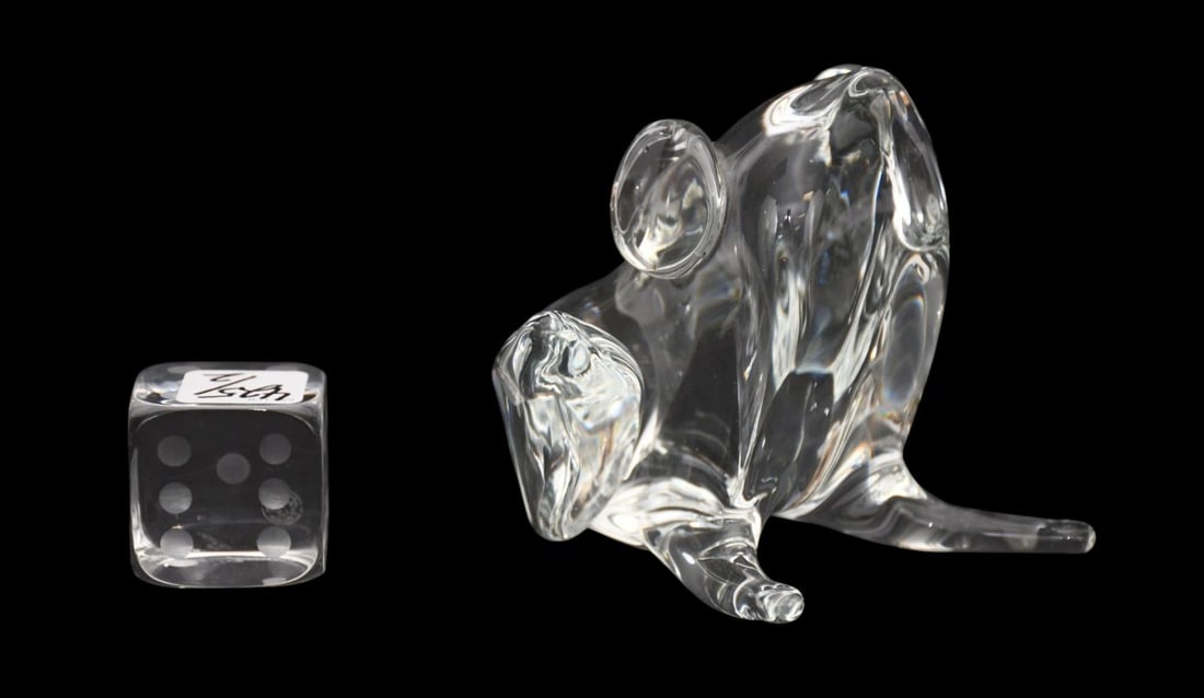 Murano Art Glass Frog Signed Zanetti (4 1/2"h x 5"w x 6"d) AND Baccarat Crystal Dice: Murano Art Glass Frog Signed Zanetti (4 1/2"h x 5"w x 6"d) AND Baccarat Crystal Dice