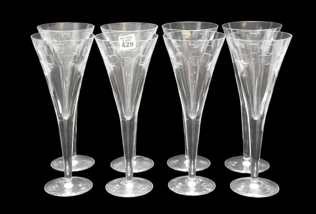 8 Waterford Crystal Champagne Flutes, Geo Oden Designed By John Rocha, 9 1/2"h x 3 1/2"dia: 8 Waterford Crystal Champagne Flutes, Geo Oden Designed By John Rocha, 9 1/2"h x 3 1/2"dia