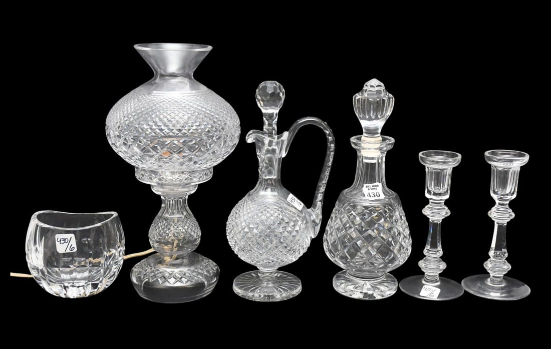6 Pcs. Waterford Crystal, Hurricane Lamp (2pc.) (14"h x 8"w), Pair Candlesticks, Decanter, Claret (1 of 4)