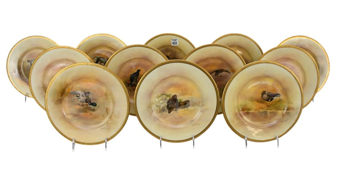 12 Royal Doulton Plates For Tiffany & Co., Hand painted Birds in Centers, Cream/Ivory Ground with (1 of 15)