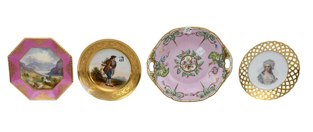4 Porcelain Pcs, Reticulated Hand painted Portrait in Center (9"dia), Octagonal with Pink Border & (1 of 12)