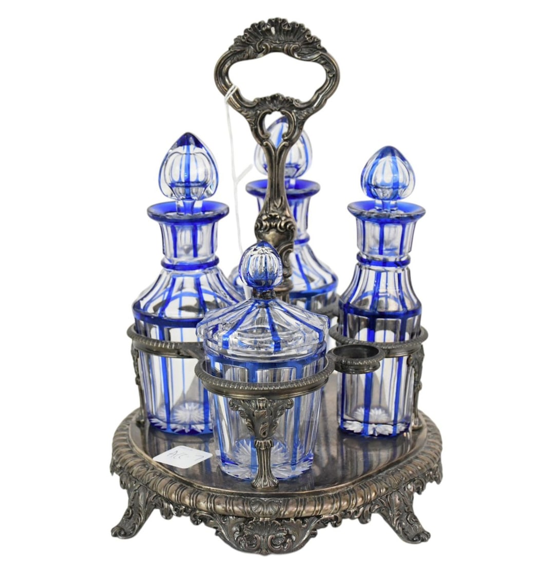 Antique Cruet Set, Silverplate Ornate Frame With 4 Matching Bottles, Clear Polished Panels & Cobalt (1 of 8)