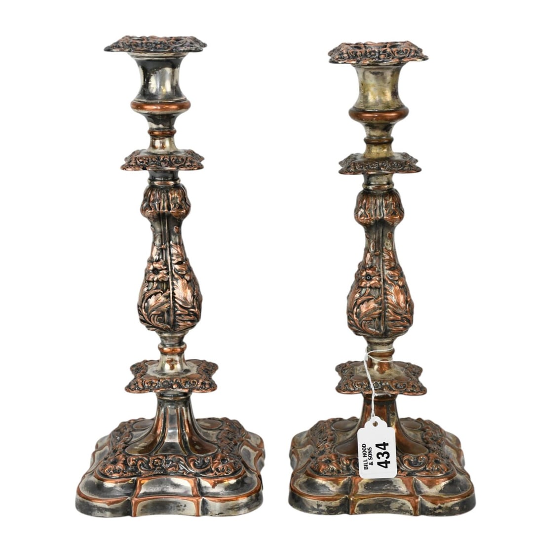 Pair 19th c. Antique Ornate Silverplate Candlesticks, 13"h x 5"w (copper showing through) (1 of 7)