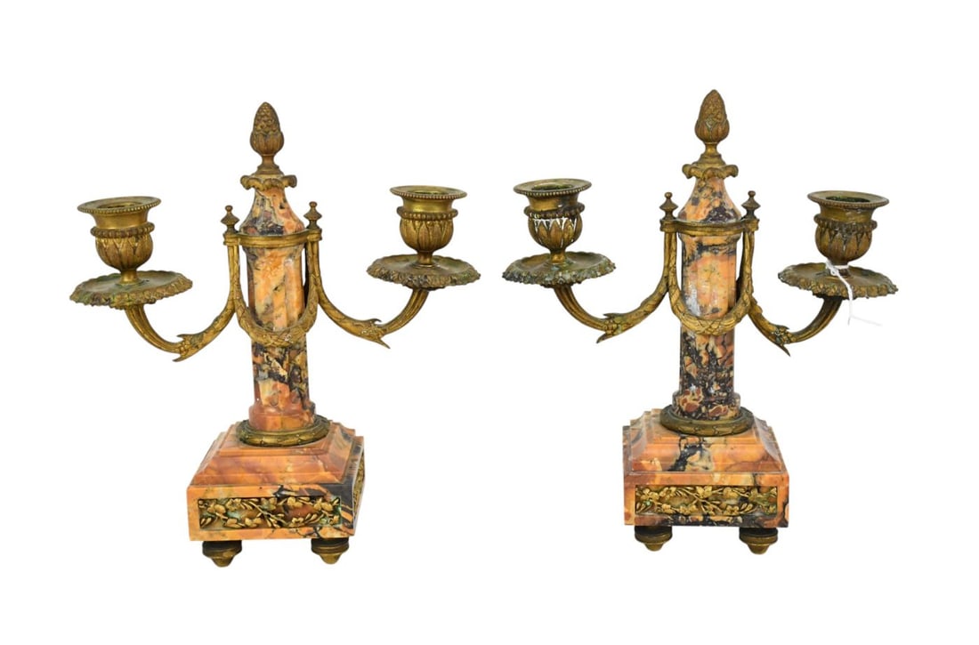 Pair French Double Branch Candelabra with Marble, 9"h x 7"w (1 of 7)