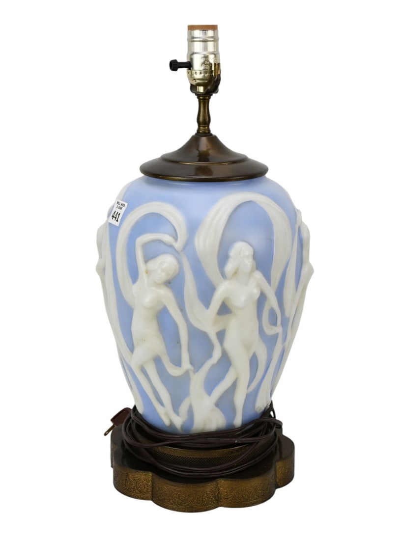 Phoenix Glass Lamp, White Nude Females Dancing on Blue Ground, 19"h (1 of 4)