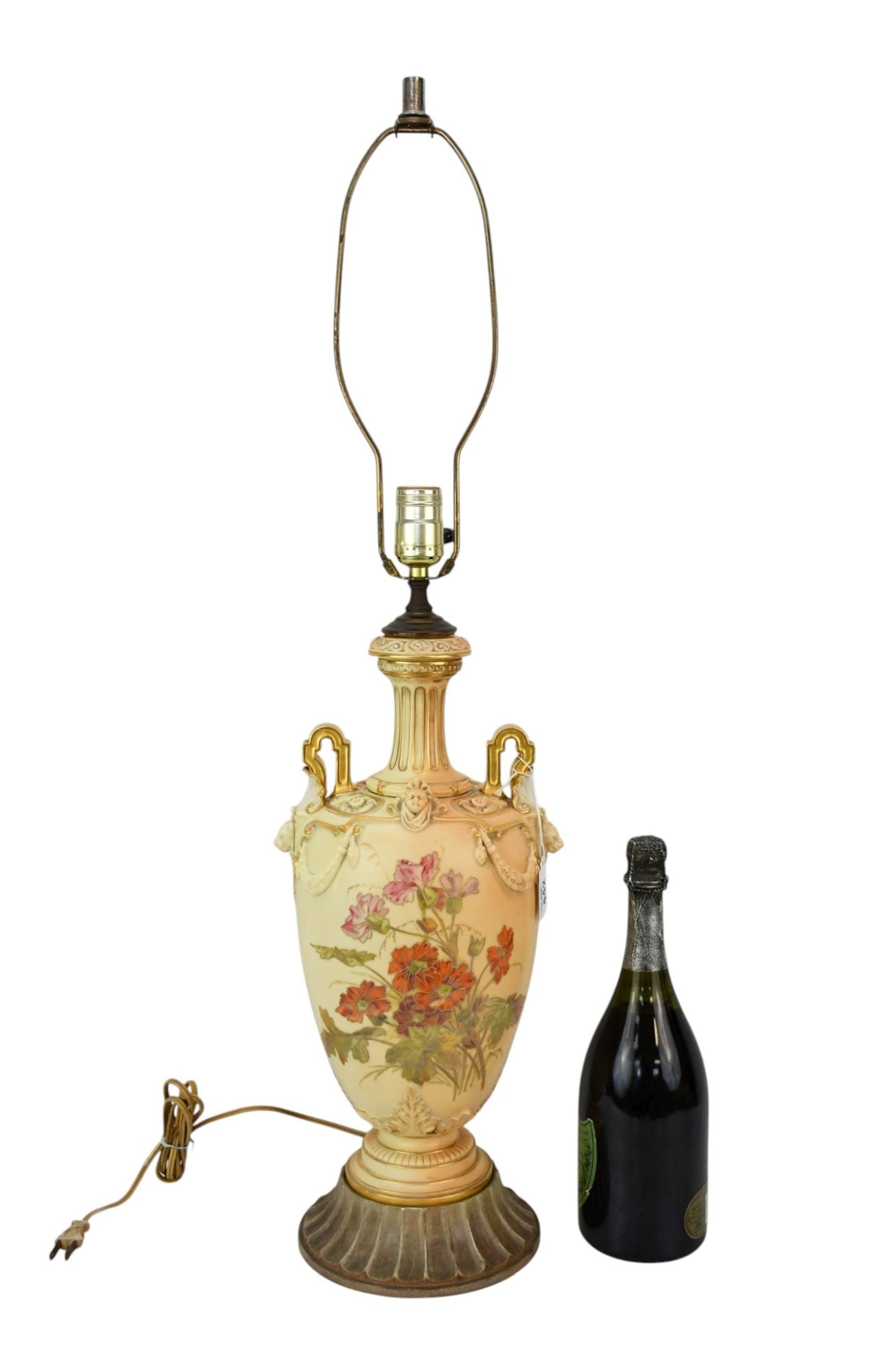 Antique Worcester Porcelain Vase Shape Lamp, Floral on Cream Ground with Lion Masks Below Gold: Antique Worcester Porcelain Vase Shape Lamp, Floral on Cream Ground with Lion Masks Below Gold Handle, 22"h to socket