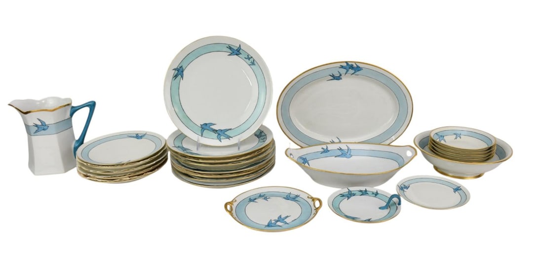 Bavaria & Haviland Porcelain Pcs, Bluebird Pattern, Incomplete Set, Platter 14" x 10" & Pitcher 7 (1 of 5)