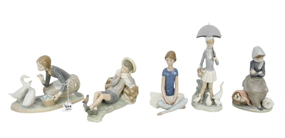 5 Lladro Porcelain Figures, Umbrella Girl, Seated Girl with Basket of Ducks, Seated Ballerina, Girl (1 of 6)
