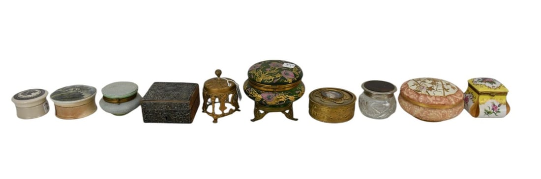 Lot of 10 Assorted Porcelain Glass & Brass Dresser Jars, Largest 5"h x 6"dia (1 of 11)