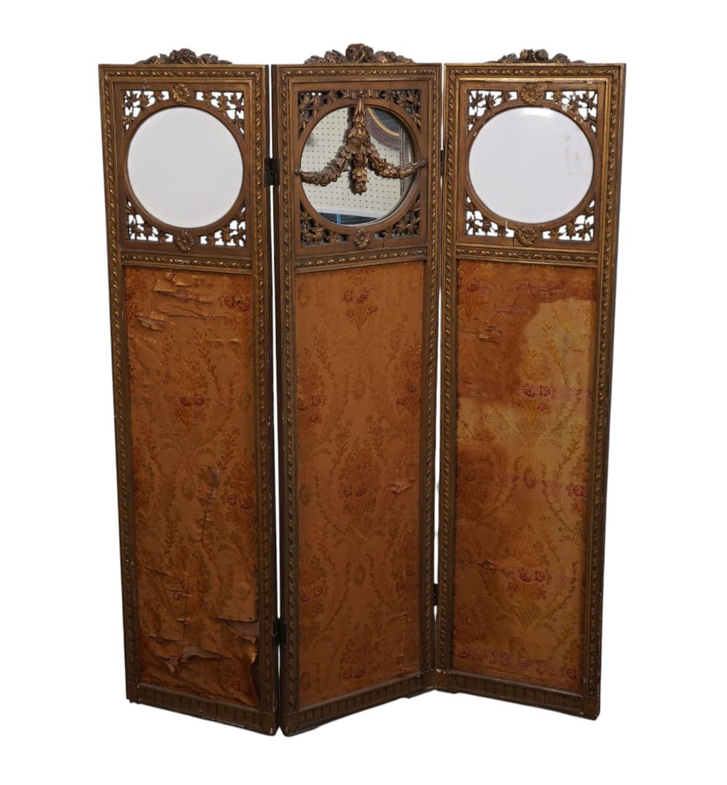 Antique French 3 Panel Screen with Carved Giltwood Floral Swag Design, 62 1/2"h x 16 1/2"w Each (1 of 4)