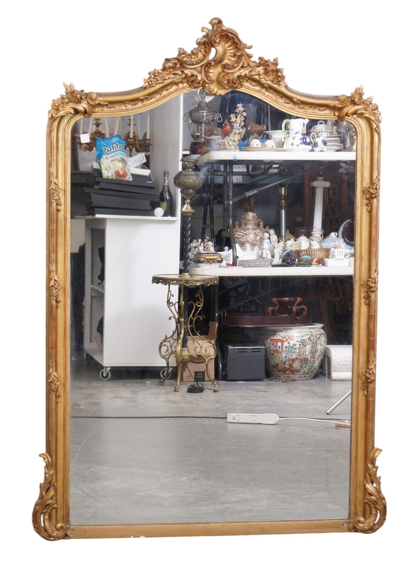 Large Antique Louis Style Gilt Carved Mirror with Carved Scrolling Floral Crests & Accents, 65"h x (1 of 8)