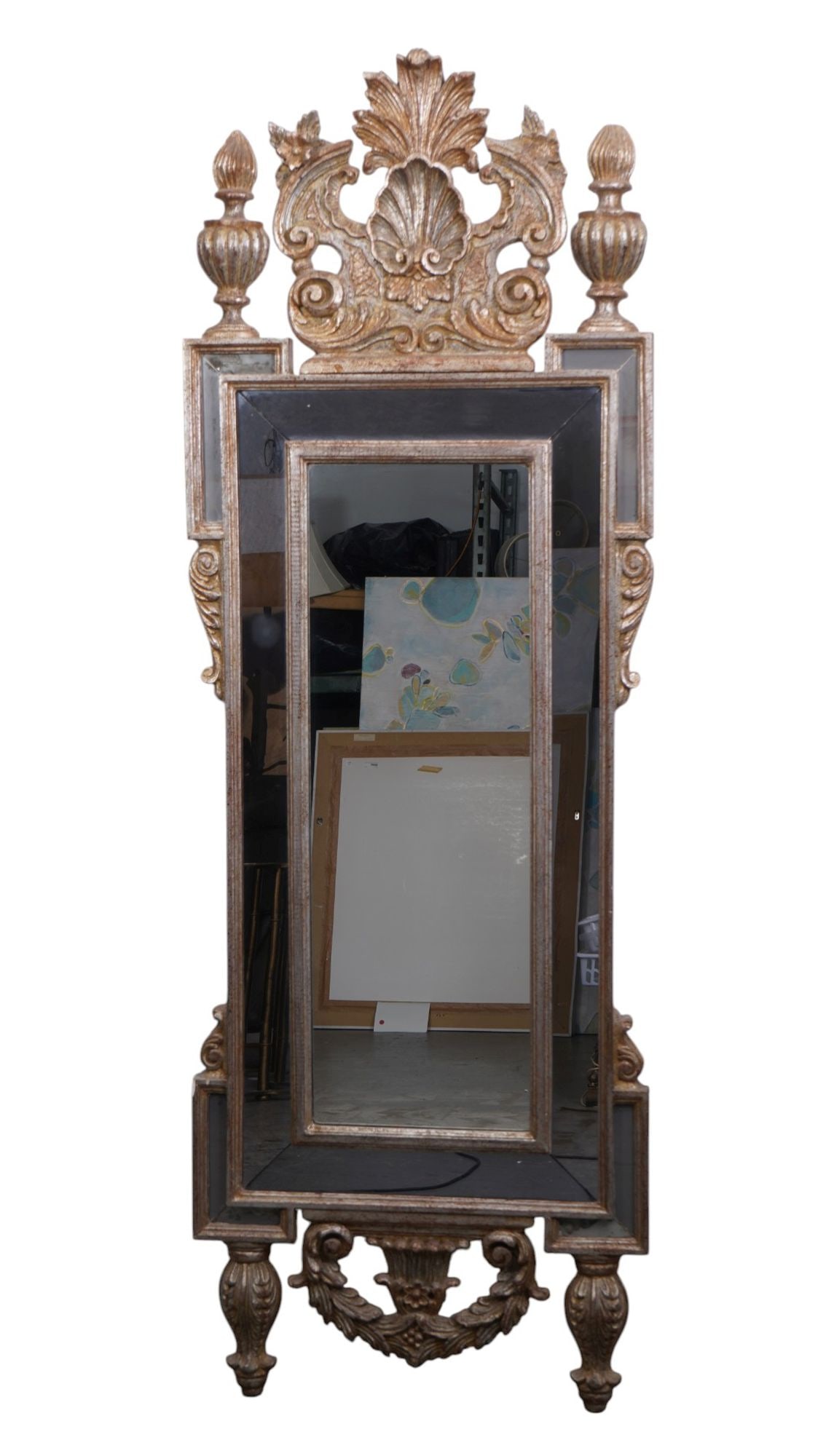 Vintage French Carved Pier Mirror with Prominent Shell Crest & Silvered Leaf Accents, 75"h x 25"w (1 of 6)