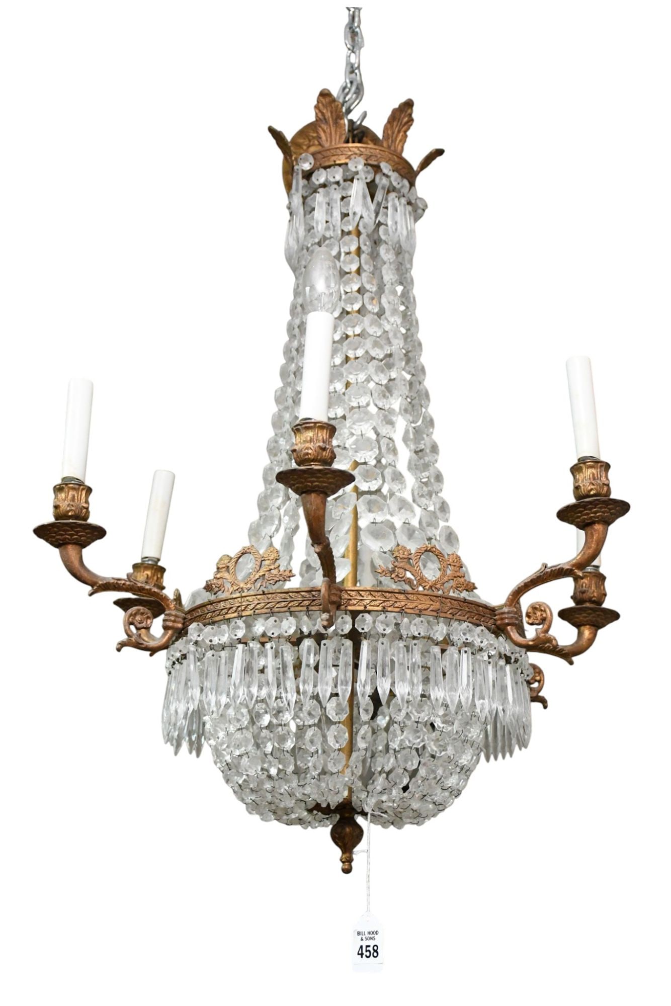 Antique French Empire 6 Light Chandelier with Crystal Bead Basket From Prisms with Bronze Accents, (1 of 5)