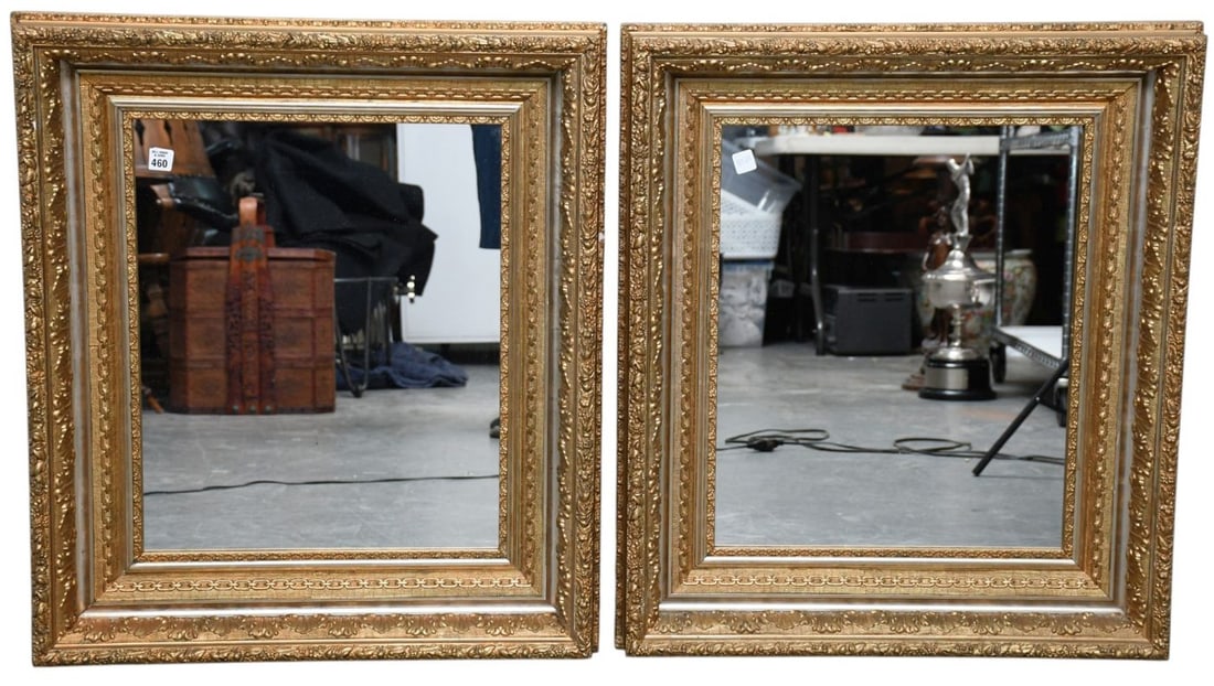 Pair of 19th C. French Louis Philippe Mirrors, Featuring Ornately Carved Giltwood Frame with Foliate: Pair of 19th C. French Louis Philippe Mirrors, Featuring Ornately Carved Giltwood Frame with Foliate Motif & Unusual Chain-link Border Design, 32"h x 28"w x 3 1/2"d