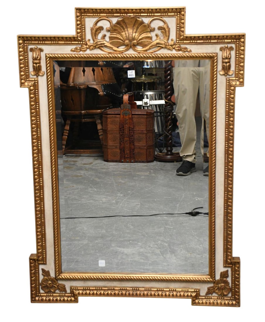 Vintage Cream & Gold Painted Louis XVI Style Mirror Featuring Prominent Shell Carved Crest & Classic (1 of 5)