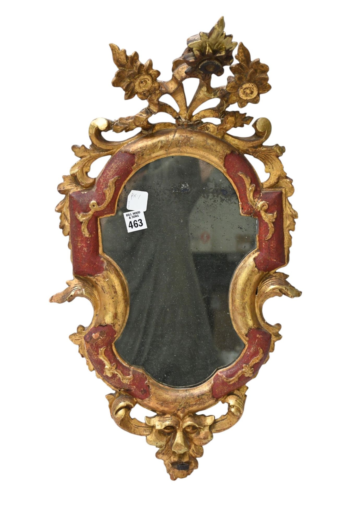 19th c Venetian Italian Hand Carved Mirror, 23"h x 13"w (repairs to crest): 19th c Venetian Italian Hand Carved Mirror, 23"h x 13"w (repairs to crest)