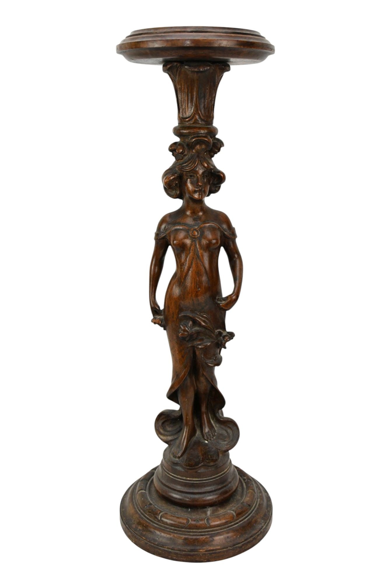 Antique Art Nouveau Carved Wood Pedestal Stand with Hand Carved Maiden in Draped Gown Supporting: Antique Art Nouveau Carved Wood Pedestal Stand with Hand Carved Maiden in Draped Gown Supporting Circular Top, 26"h x 9"dia