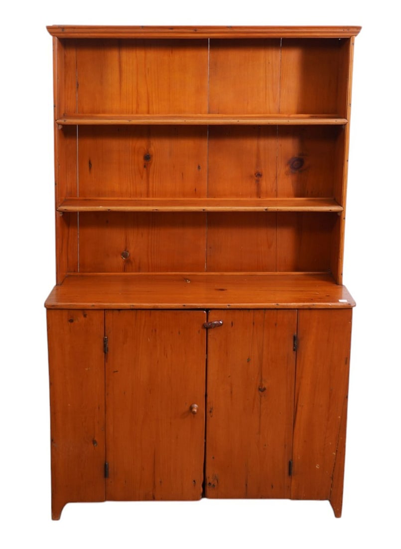 Pine 19th c. Diminutive Stepback Cupboard, 2 Shelves over Single Door, 65 3/8"h x 41"w x 18"d (1 of 7)