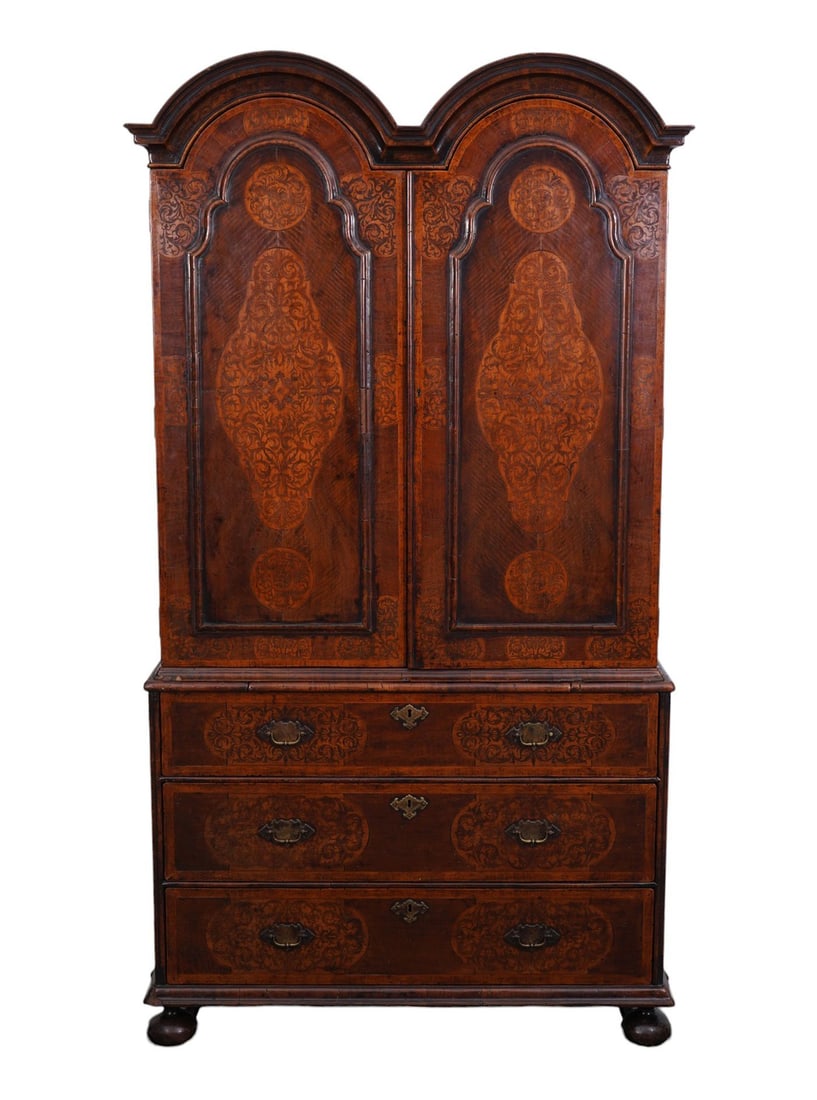 Continental 18th c. Cabinet, Double Tombstone Cornice Over 2 Paneled Marquetry Cabinet Doors Over 3 (1 of 15)
