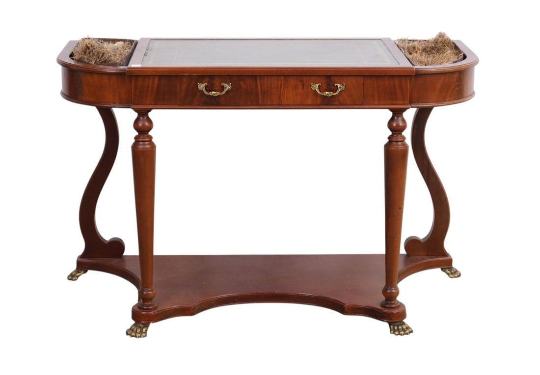 Mahogany Console with Planters, Center Leather Writing Surface Over Single Drawer, Platform Base & (1 of 6)