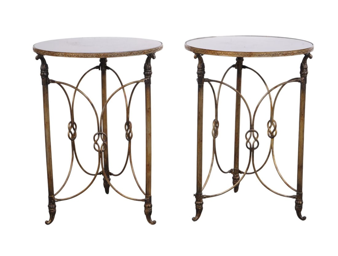 Pair Gueridon Tables, Bronze with Marble Tops, 28"h x 20"dia (1 of 6)