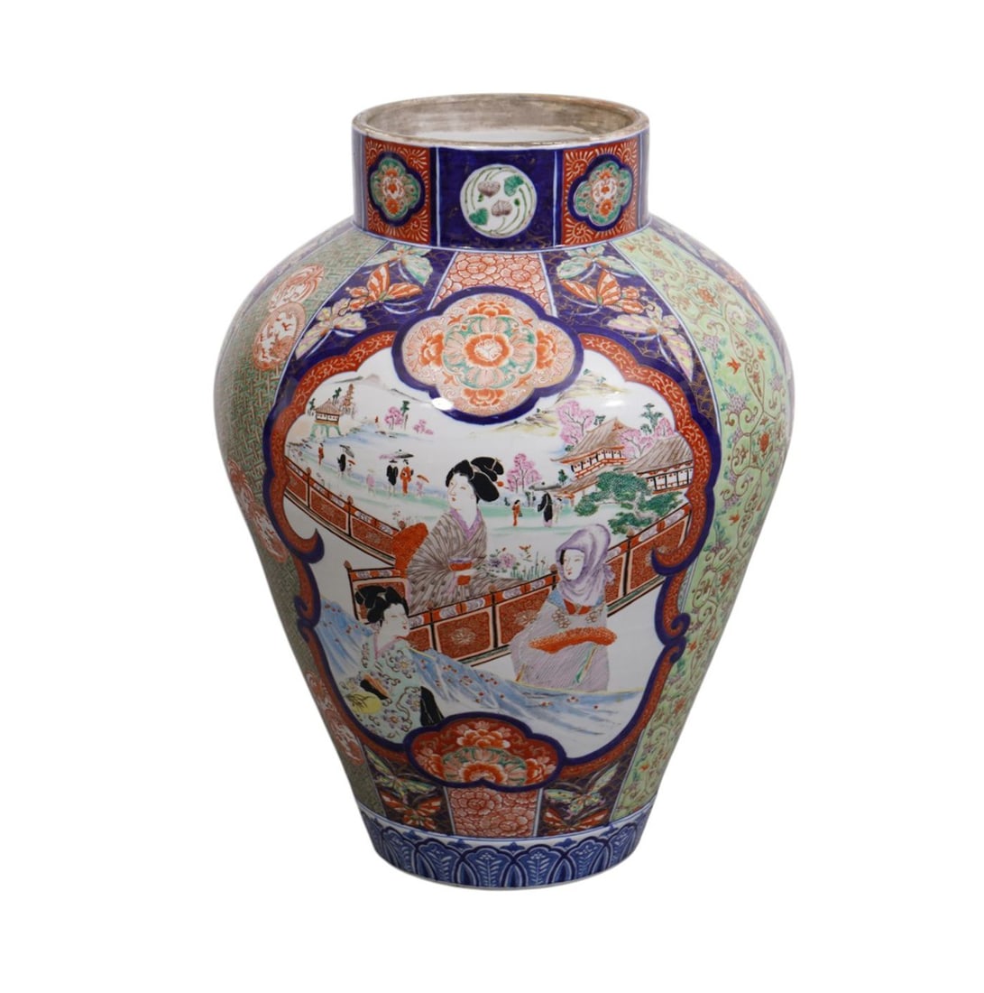 Oversized Oriental Imari Style Vase with Landscape Panels, 26"h x 18"w (1 of 10)
