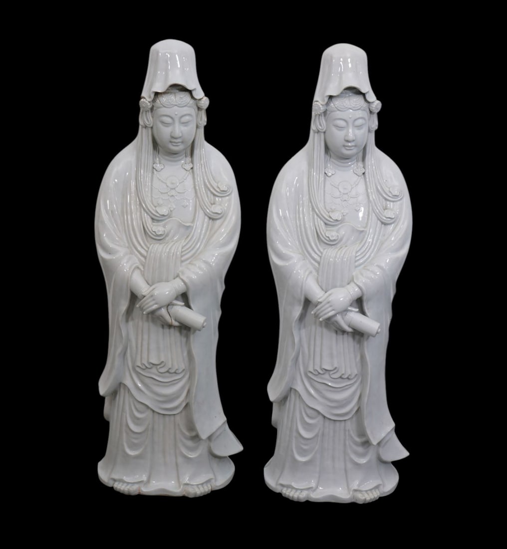 2 Ceramic Blanc de Chine Quan Yin Figures, 34"h x 12"w x 9"d (one hand cracked) (1 of 11)