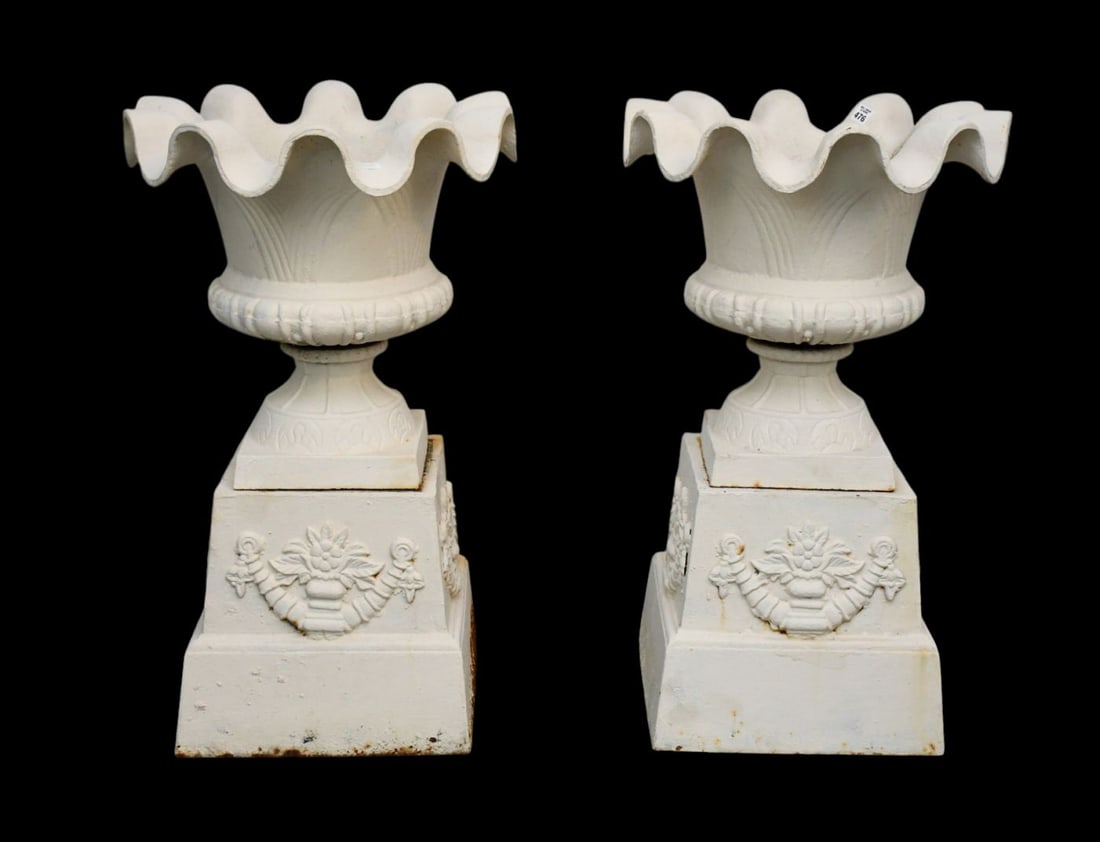 Pair Painted Iron Planters With Fluted Rims, Sits on Classical Style Bases, 32 1/2"h x 19 1/2"w (1 of 10)