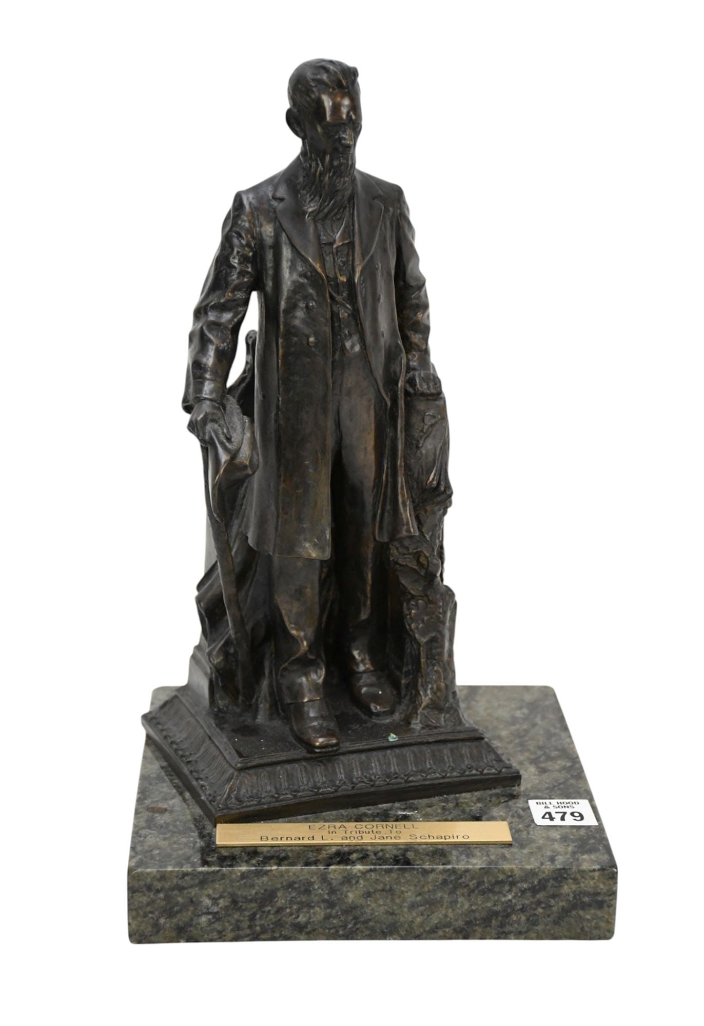 Bronze Sculpture of Ezra Cornell on Green marble base 13.5" h x 7.5" w x 8" d: Bronze Sculpture of Ezra Cornell on Green marble base 13.5" h x 7.5" w x 8" d