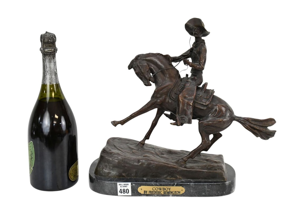 Frederic Remmington Bronze "Cowboy" Sculpture on Green Marble base 13.5" high x 14" wide x 6.5" deep (1 of 7)