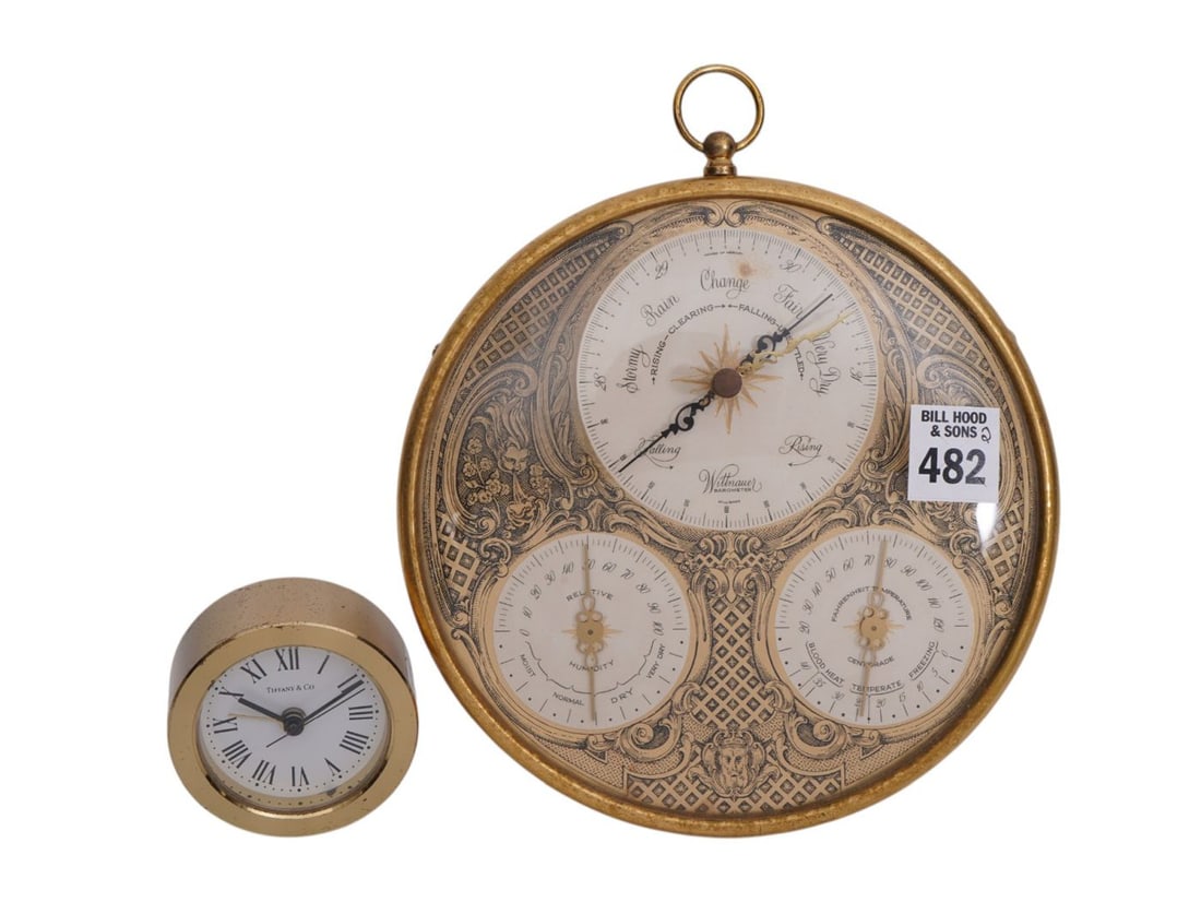 Ornate Brass Wittnaur Barometer (8.5" high x 7.5" wide ) and Tiffany & Co. Desk Clock (2.5" dia) (1 of 6)