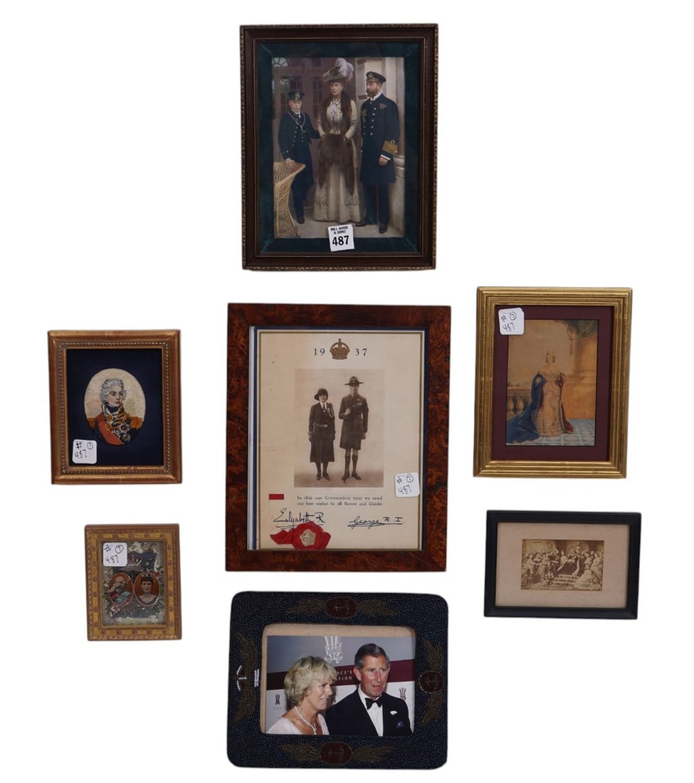 Grouping of the English Royal Family pictures, Needlepoint, postcard, and prints, largest 11.5" x (1 of 12)