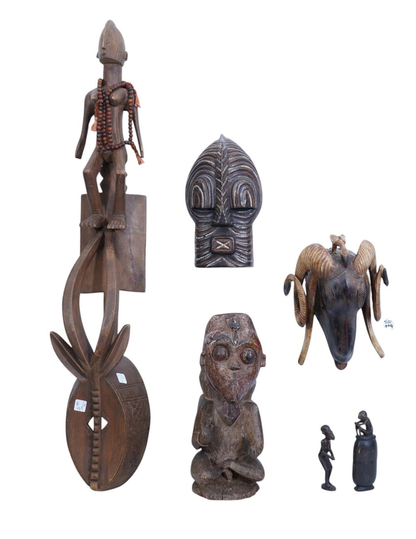 Group of 6 vintage Carved African Items. 2 African masks plus 4 other items, Largest 43" high x 8" (1 of 9)