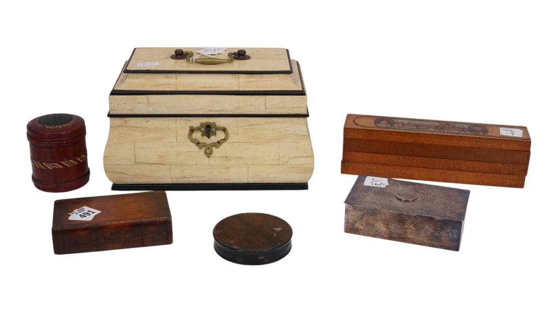 Lot of 7 Antique Commemorative Monarchy Assorted Boxes, One Inlaid Bone, Largest 6 1/2"h x 9 1/2"w x (1 of 16)