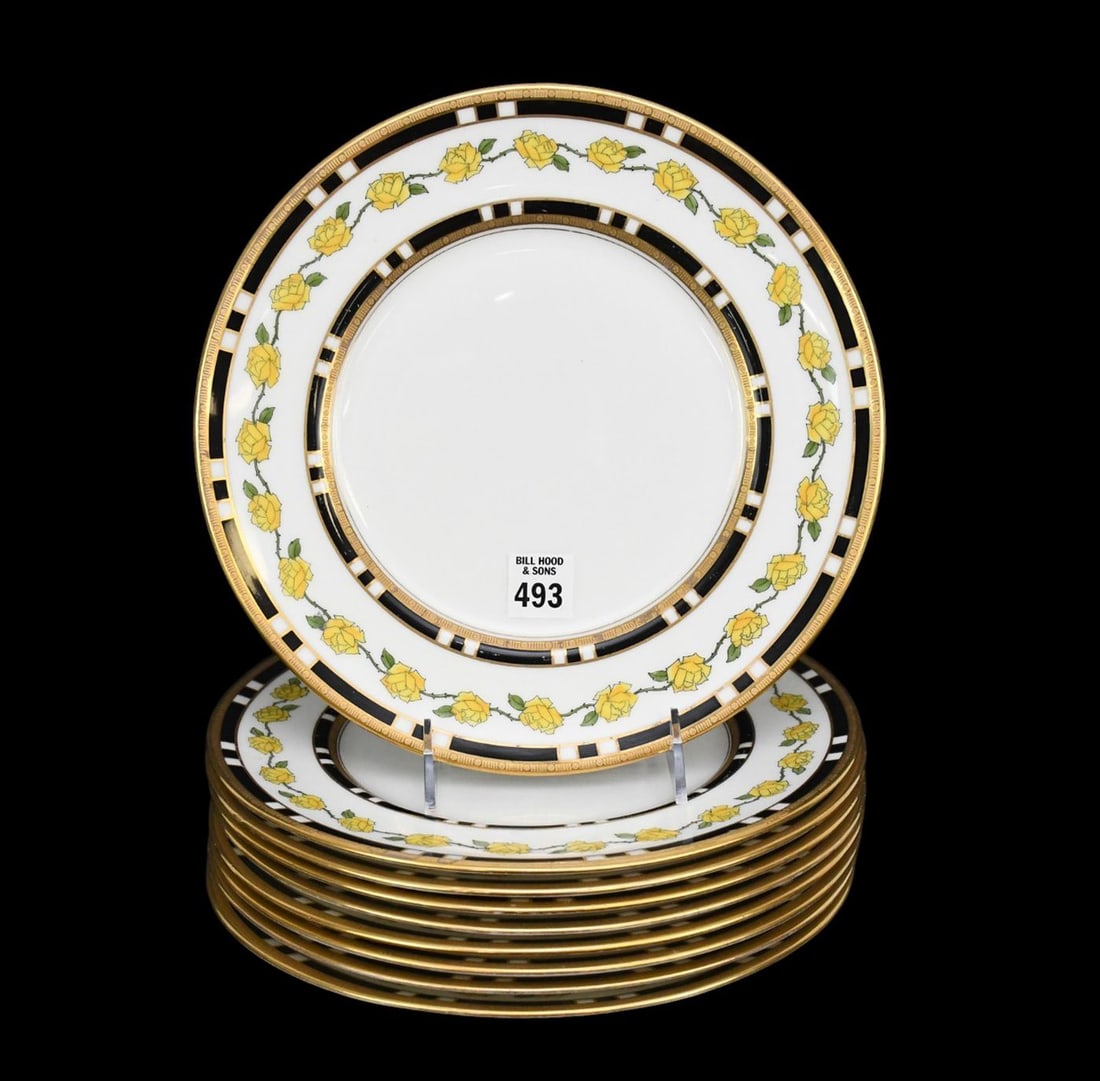9 Royal Doulton Porcelain Plates, Yellow Roses on Border With Black & Gold Accents, 10 1/4"dia (few: 9 Royal Doulton Porcelain Plates, Yellow Roses on Border With Black & Gold Accents, 10 1/4"dia (few nicks to edges)