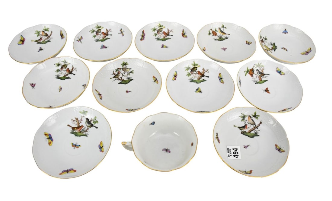 12 Herend Porcelain Pieces, Rothschild Bird Pattern, 11 Saucers (5 3/8"dia) & One Tea Cup (1 of 6)