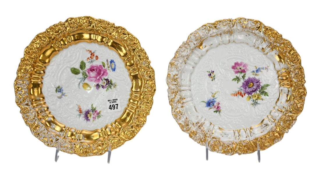 Pair Meissen Porcelain Plates with Hand painted Floral Centers & Gilded Borders, 10 1/4"dia (very (1 of 6)