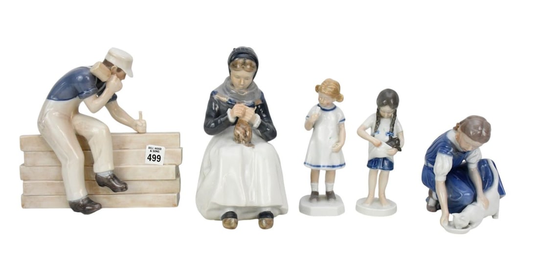 5 Royal Copenhagen Porcelain Figures, 2 Girls with Cats, Seated Lady with Cat, Girl in Dress and: 5 Royal Copenhagen Porcelain Figures, 2 Girls with Cats, Seated Lady with Cat, Girl in Dress and Construction Man, Largest 9"h x 9"w x 3"d