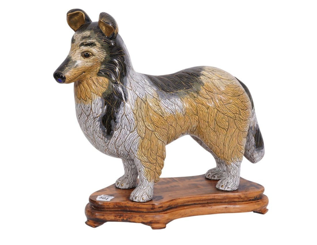 Cloisonne Style Dog on Stand, Yellow, Black & White, 16"h x 15"w (1 of 6)