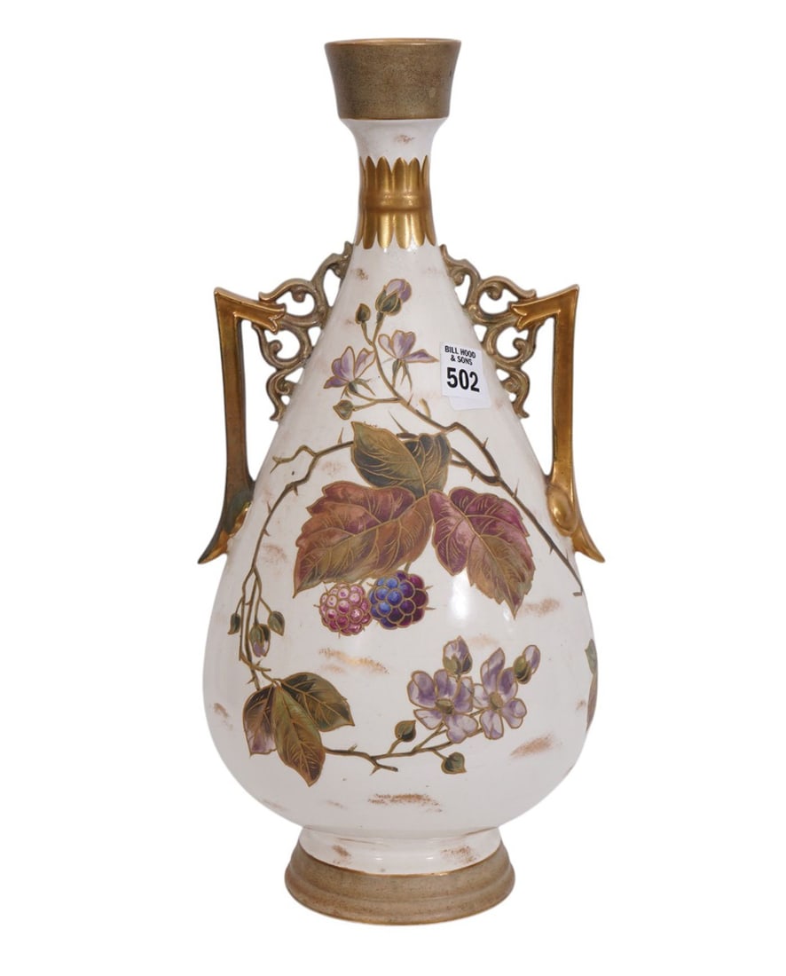 Large Ceramic Vase Raspberry & Vine Design, Double Handles, (one with repair) (1 of 8)