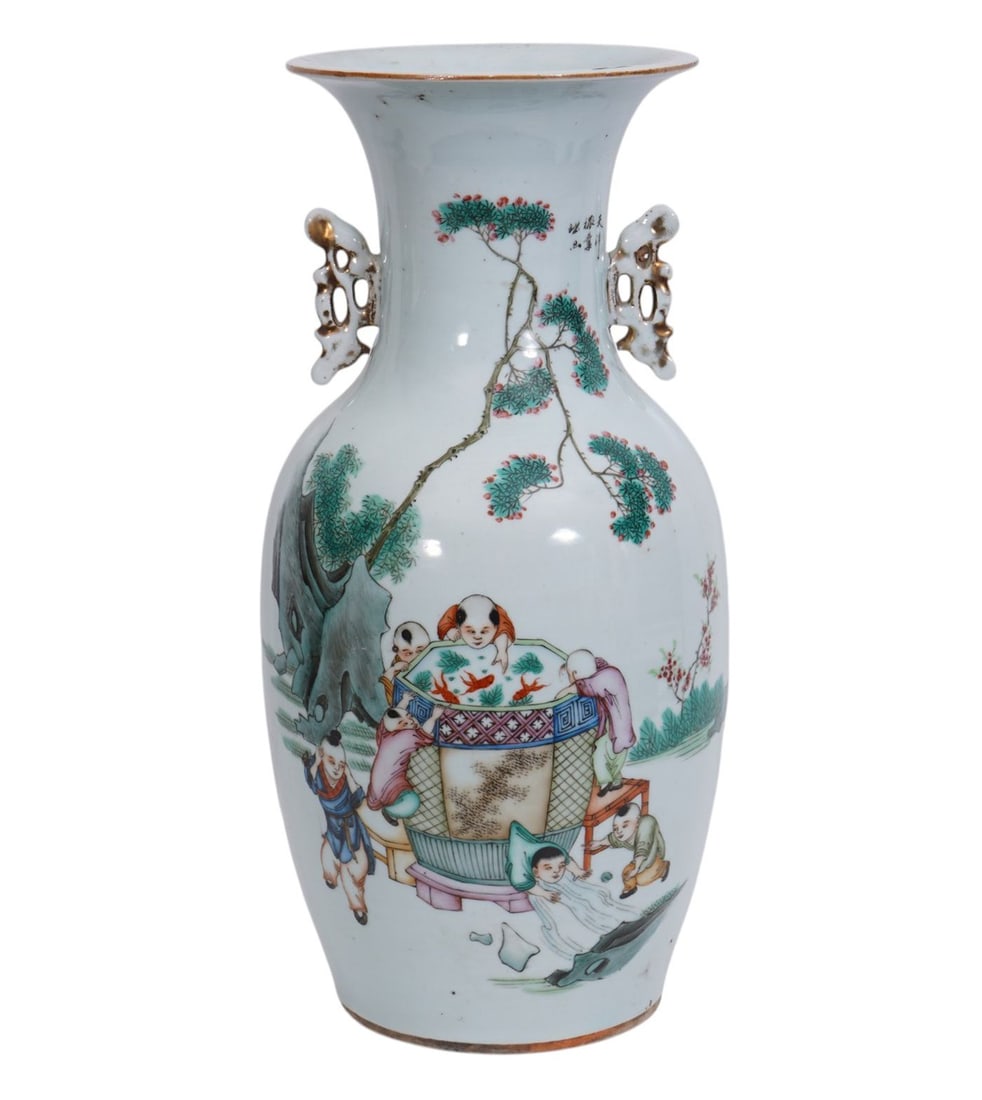 Chinese Porcelain Vase with Outdoor Scene, 17"H x 8"w: Chinese Porcelain Vase with Outdoor Scene, 17"H x 8"w